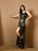 “Model wearing a black and gold metallic gown with front slit and sleeveless design – Kelin Fashion”

