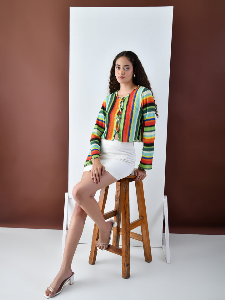 June Multicolor Stripe Tie-Front Crop Top