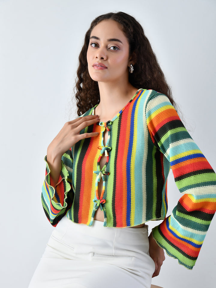 June Multicolor Stripe Tie-Front Crop Top