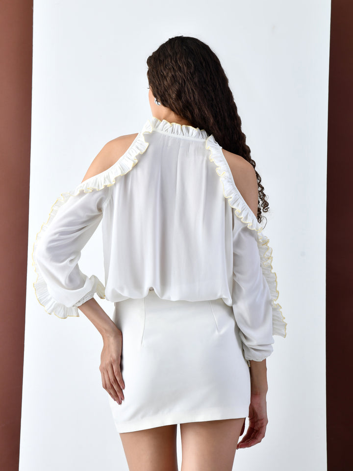 Cora Ruffled Cold Shoulder Top (White)