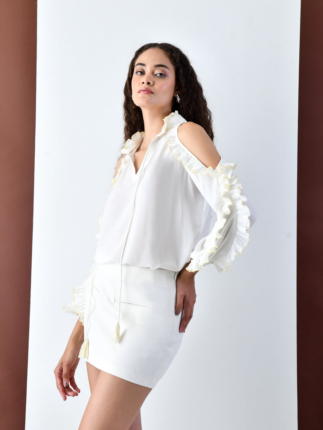 Cora Ruffled Cold Shoulder Top (White)