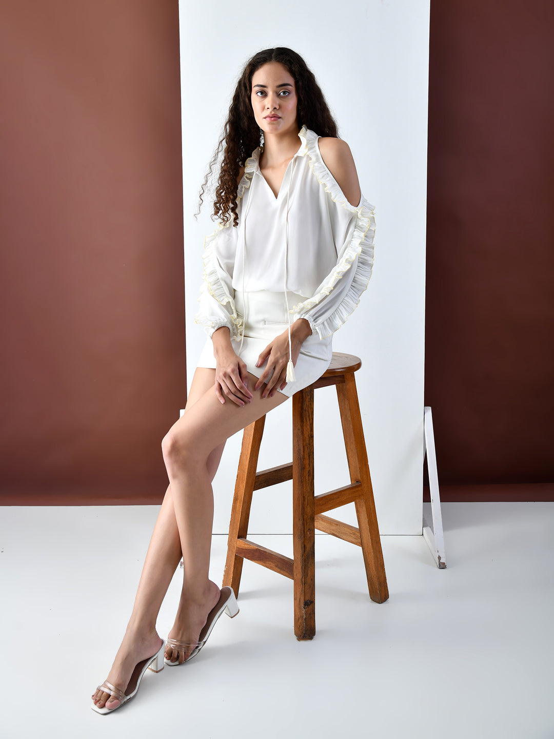 Cora Ruffled Cold Shoulder Top (White)