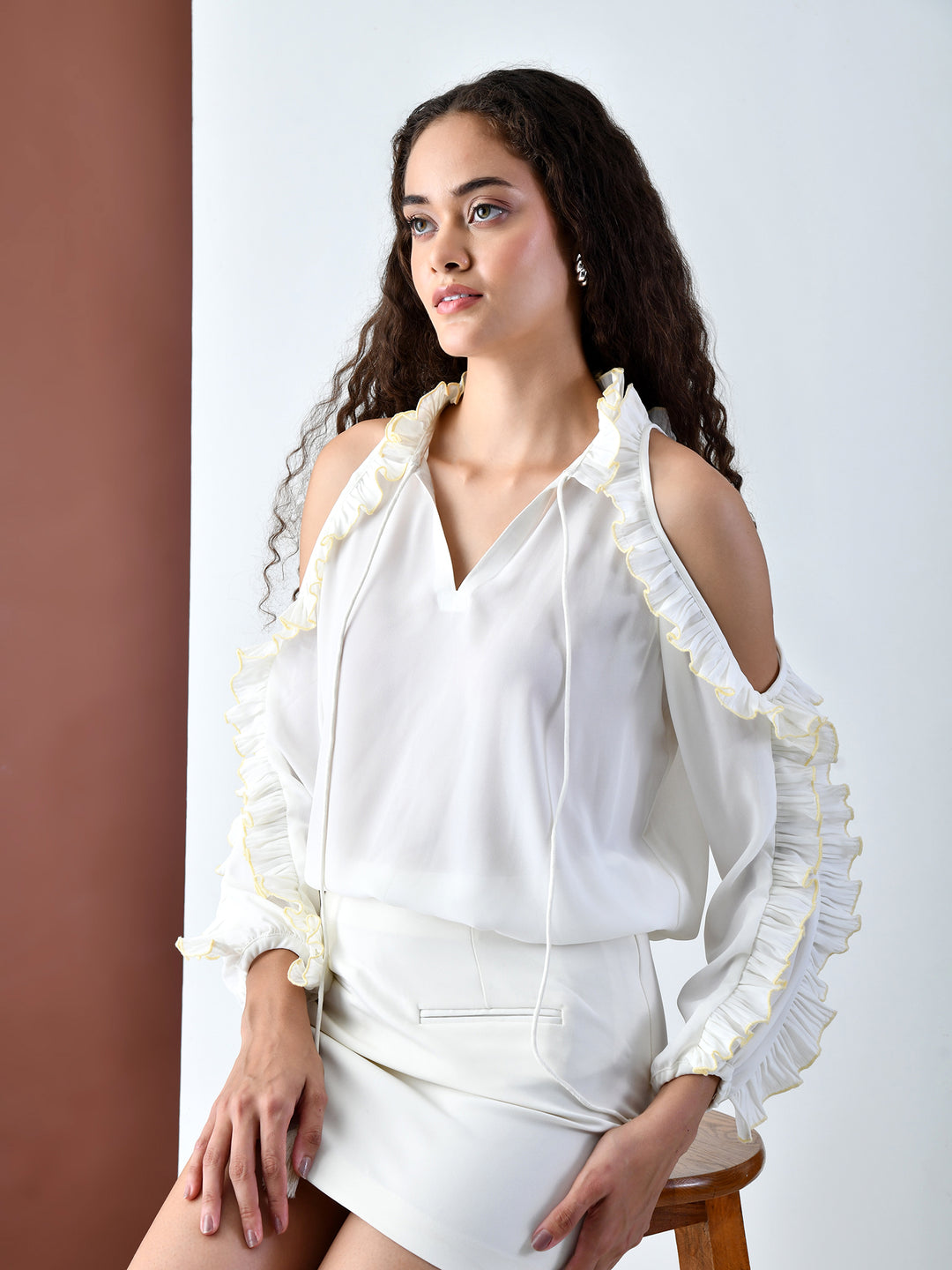 Cora Ruffled Cold Shoulder Top (White)