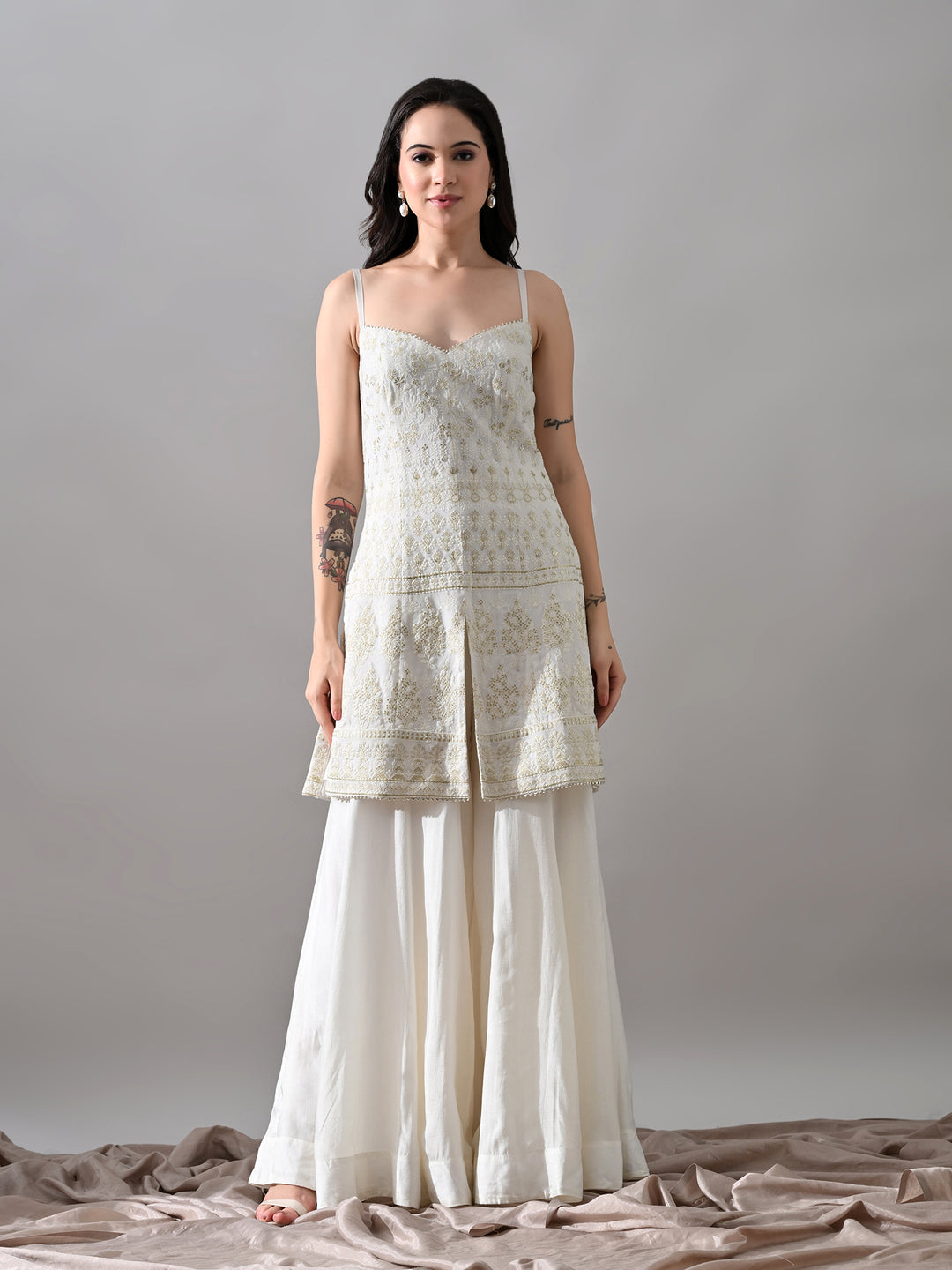 Alaya White Chikankari Indo-Western Sharara Set (White)