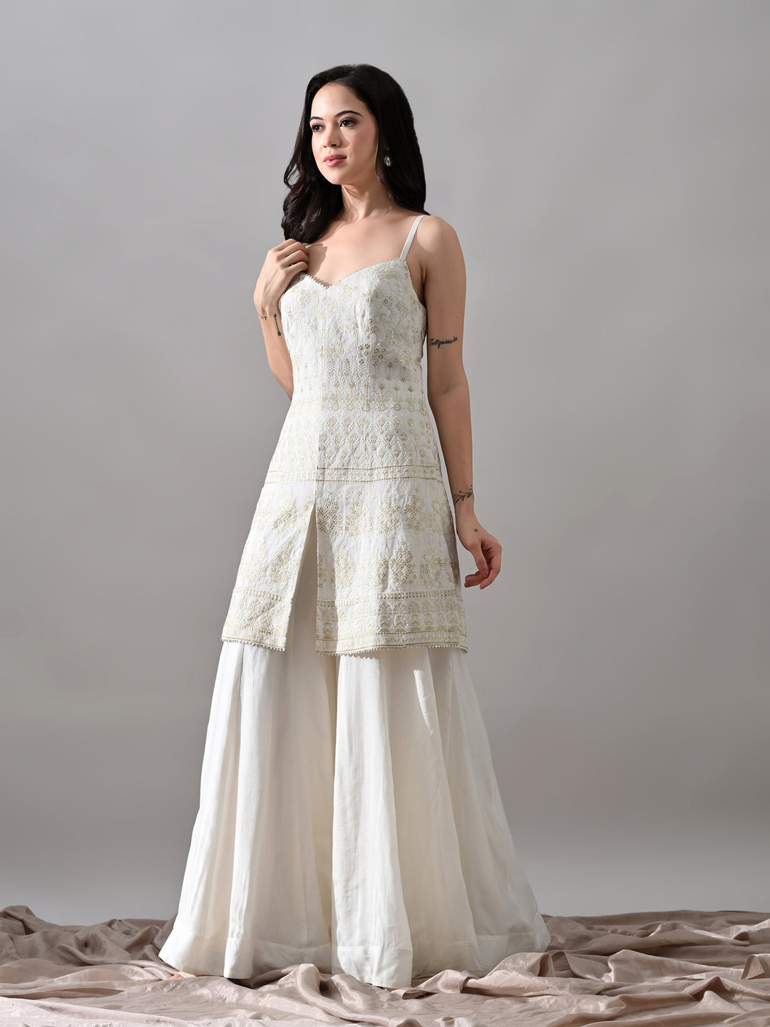 Alaya White Chikankari Indo-Western Sharara Set (White)