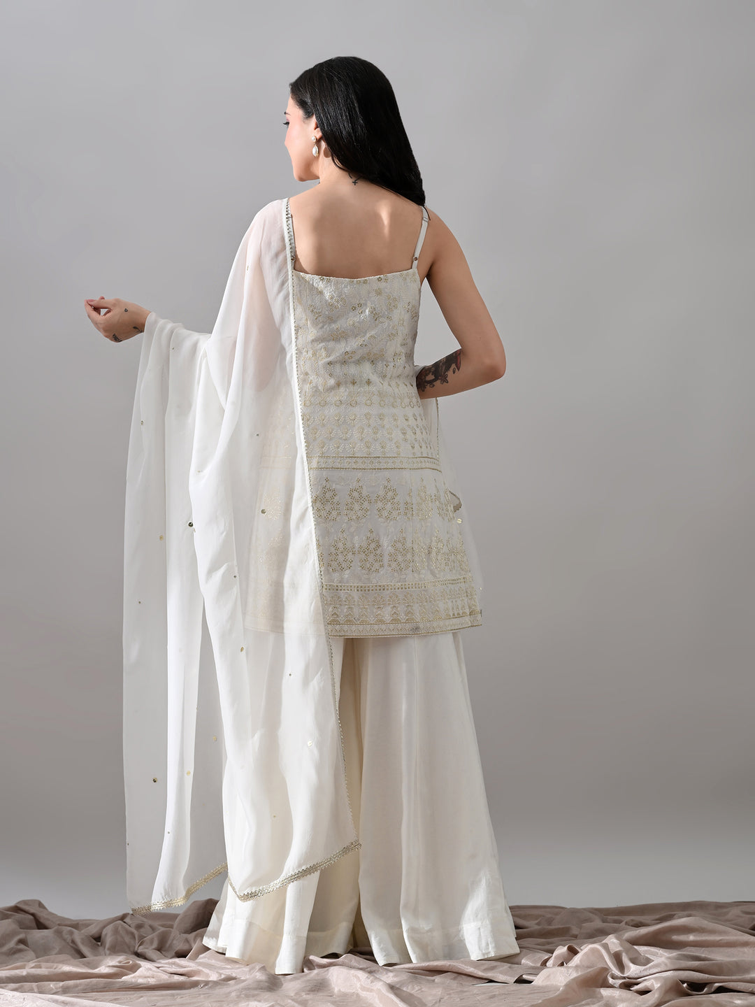 Alaya White Chikankari Indo-Western Sharara Set (White)