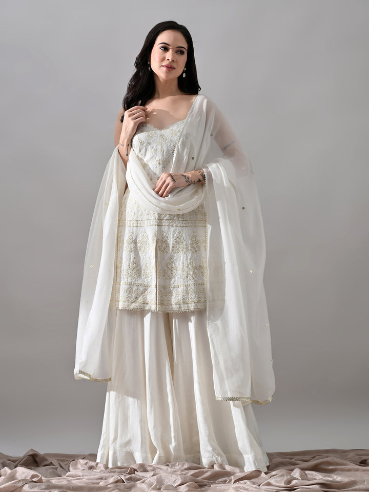 Alaya White Chikankari Indo-Western Sharara Set (White)