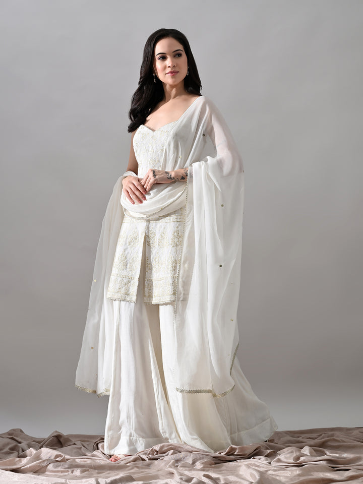 Alaya White Chikankari Indo-Western Sharara Set (White)