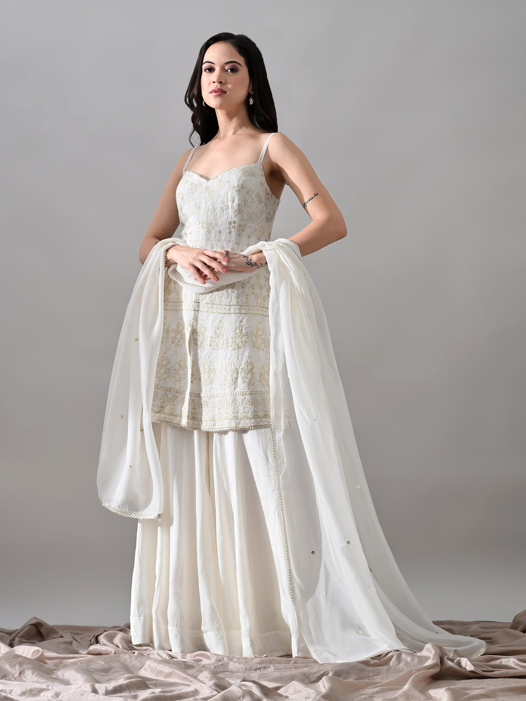 Alaya White Chikankari Indo-Western Sharara Set (White)