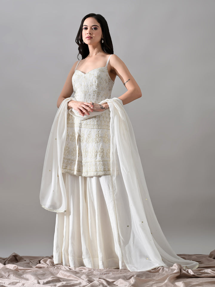 Alaya White Chikankari Indo-Western Sharara Set (White)