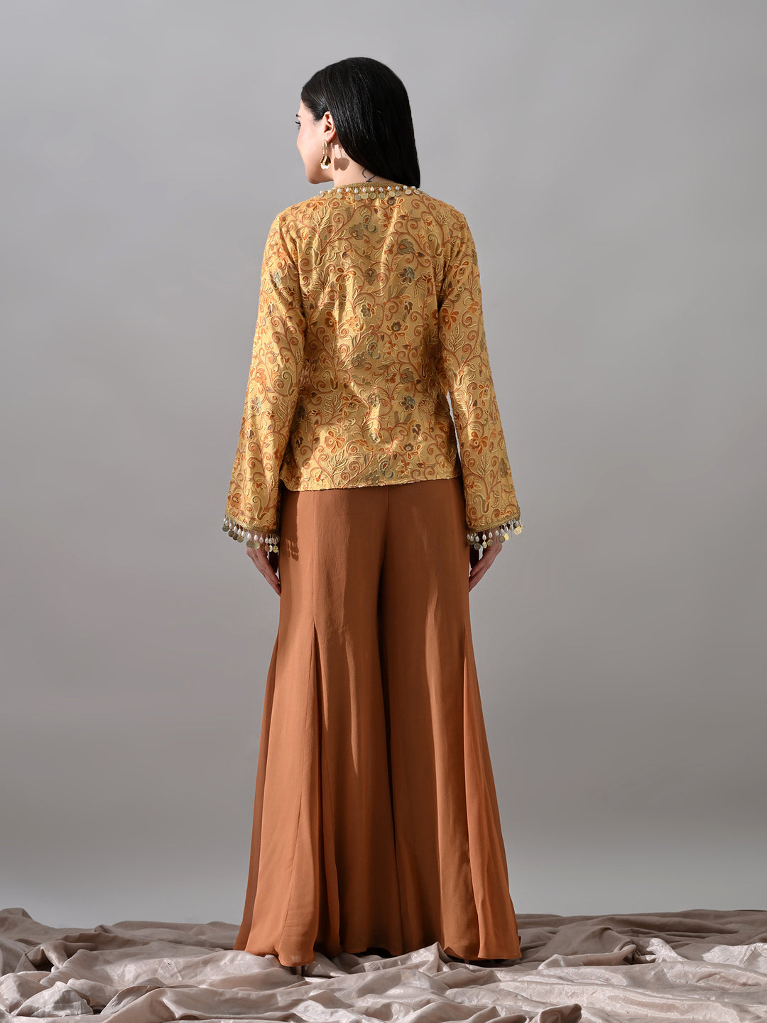 Kimaya Embroidered Rayon Indo-Western Sharara Set (Yellow-Brown)