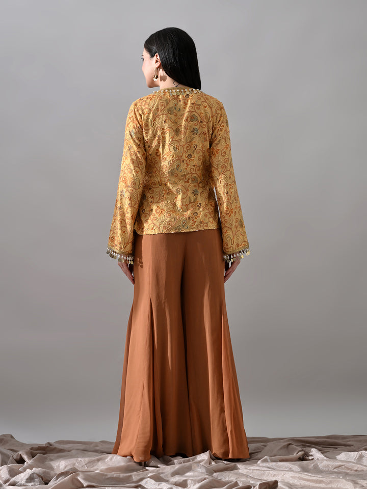 Kimaya Embroidered Rayon Indo-Western Sharara Set (Yellow-Brown)