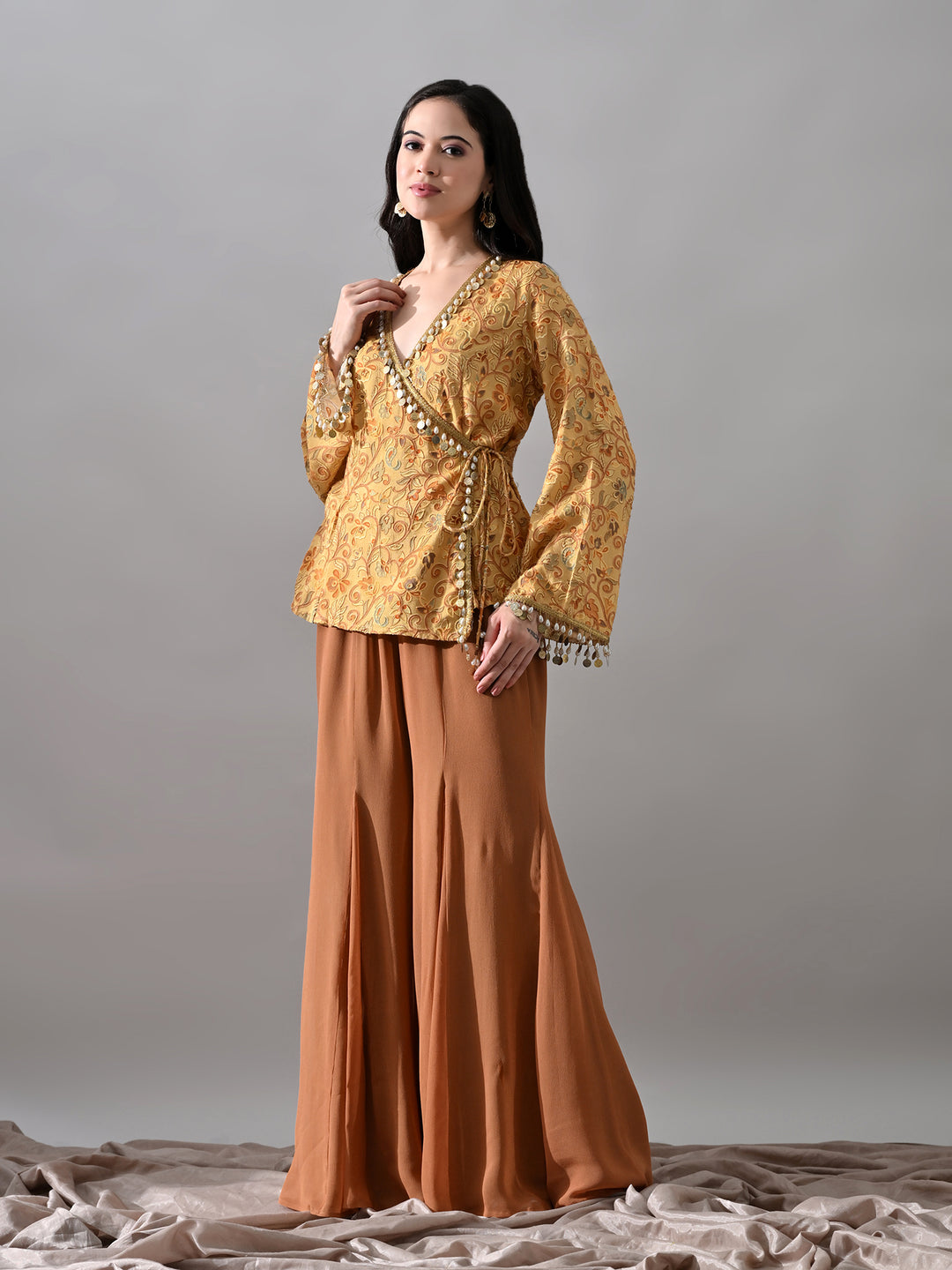 Kimaya Embroidered Rayon Indo-Western Sharara Set (Yellow-Brown)
