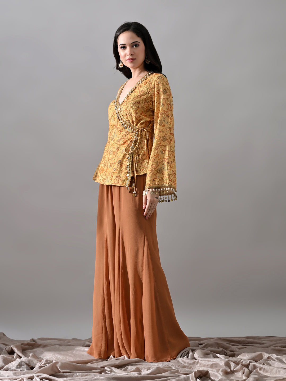 Kimaya Embroidered Rayon Indo-Western Sharara Set (Yellow-Brown)