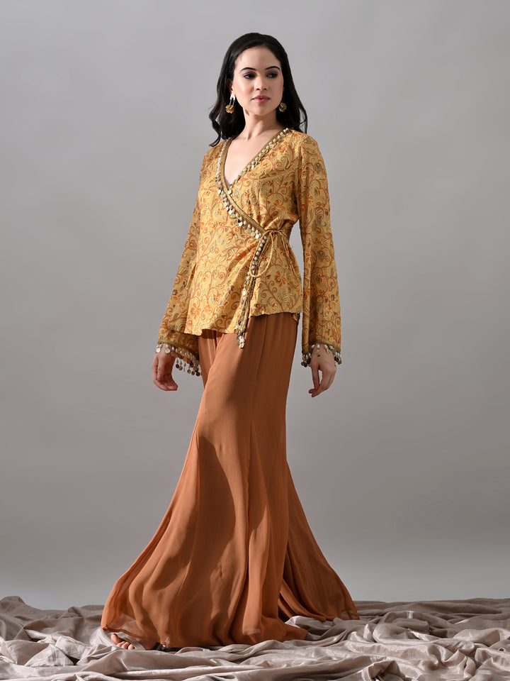 Kimaya Embroidered Rayon Indo-Western Sharara Set (Yellow-Brown)