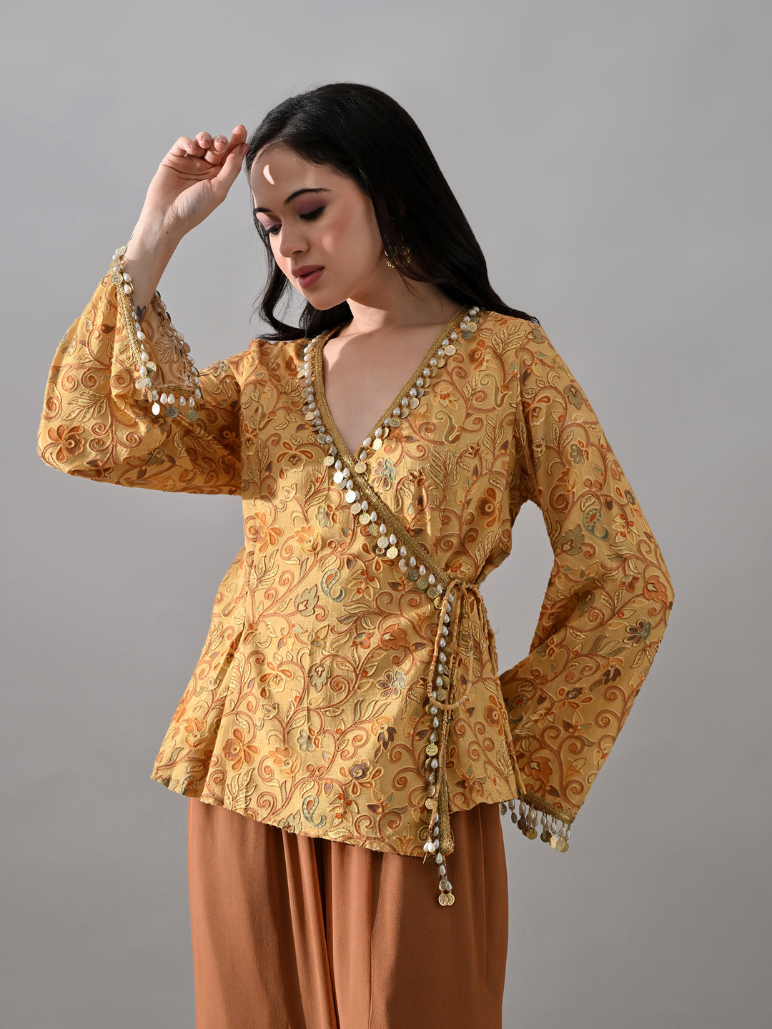 Kimaya Embroidered Rayon Indo-Western Sharara Set (Yellow-Brown)