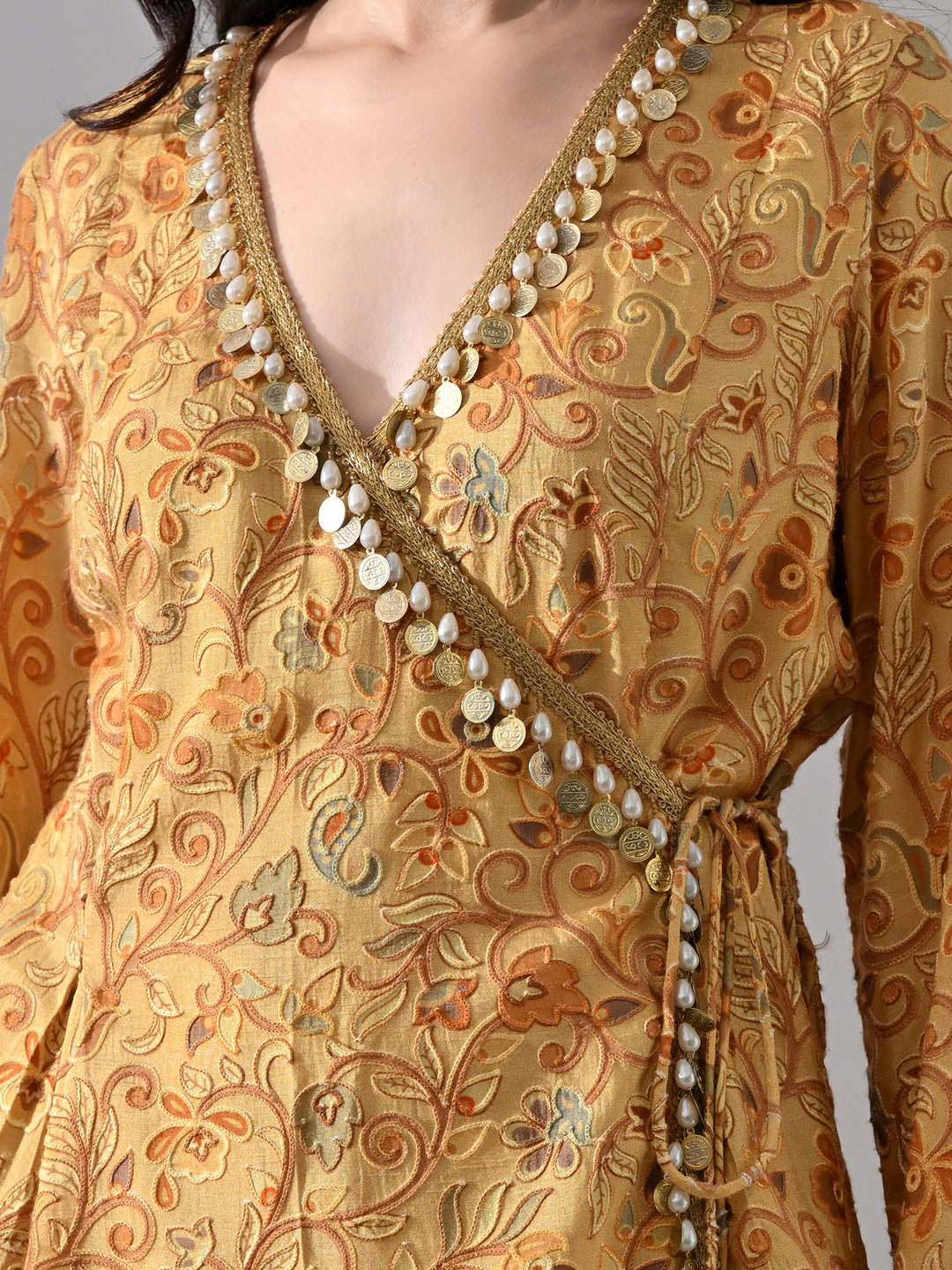 Kimaya Embroidered Rayon Indo-Western Sharara Set (Yellow-Brown)