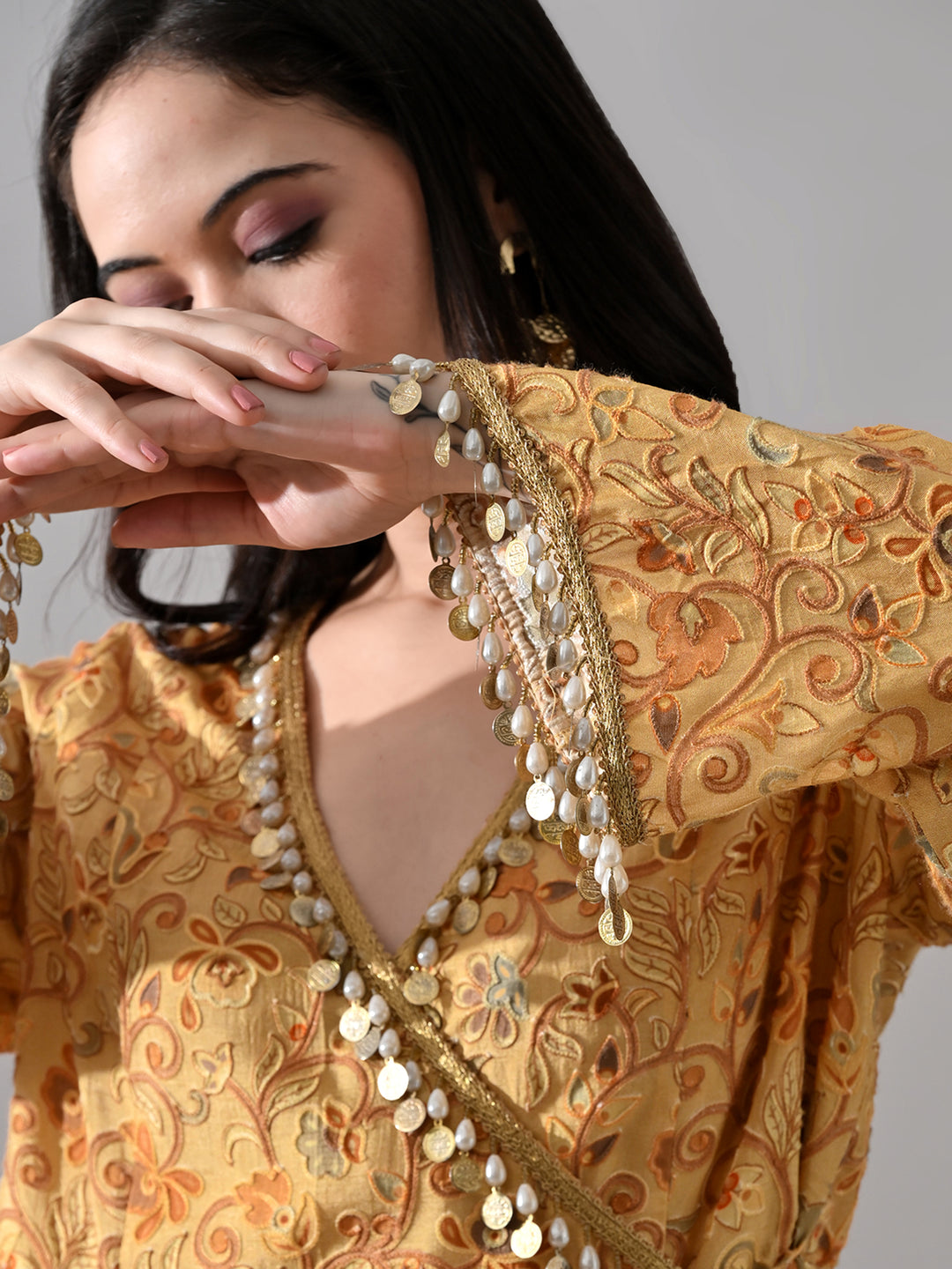 Kimaya Embroidered Rayon Indo-Western Sharara Set (Yellow-Brown)