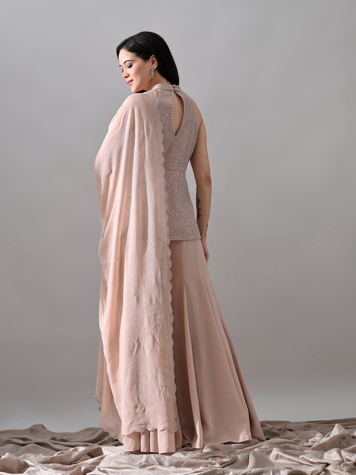 Riva Indo-Western Mesh Georgette Sharara Set ( Hot Pink)