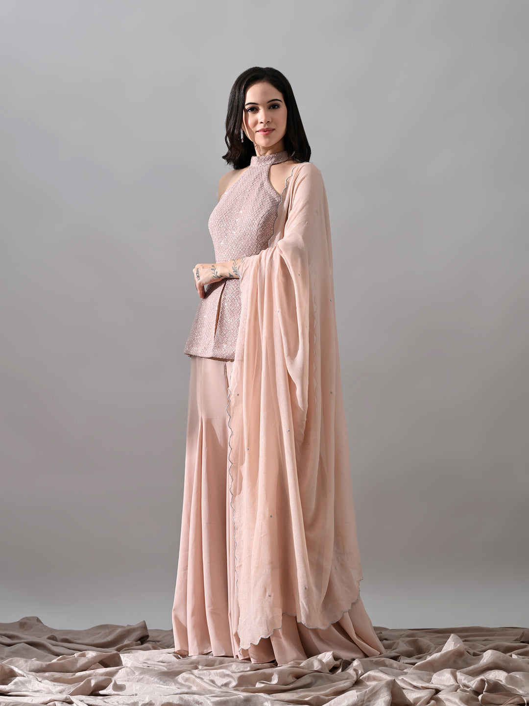 Riva Indo-Western Mesh Georgette Sharara Set ( Hot Pink)