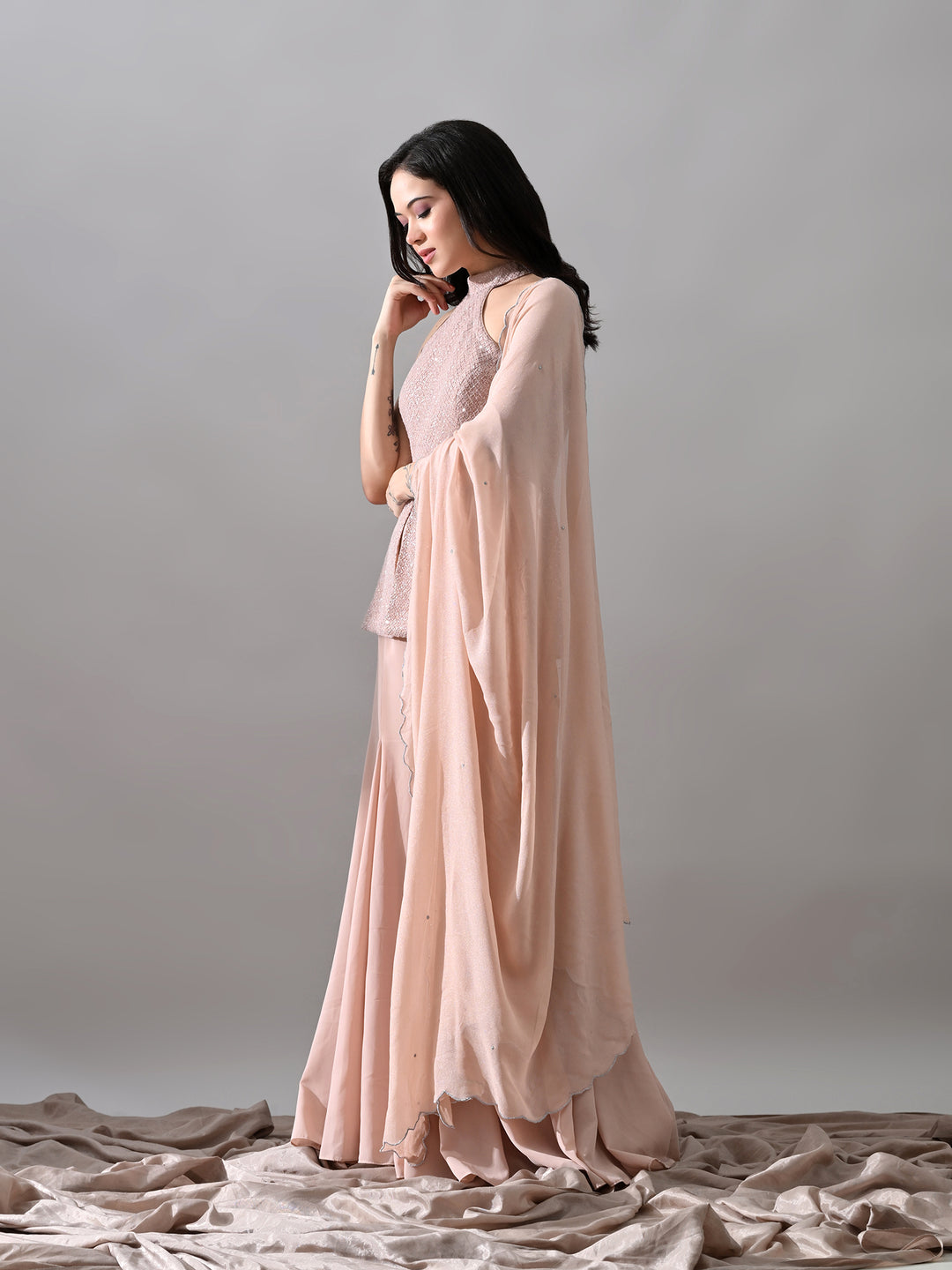 Riva Indo-Western Mesh Georgette Sharara Set ( Hot Pink)