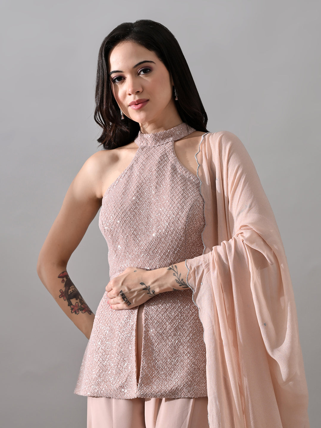 Riva Indo-Western Mesh Georgette Sharara Set ( Hot Pink)
