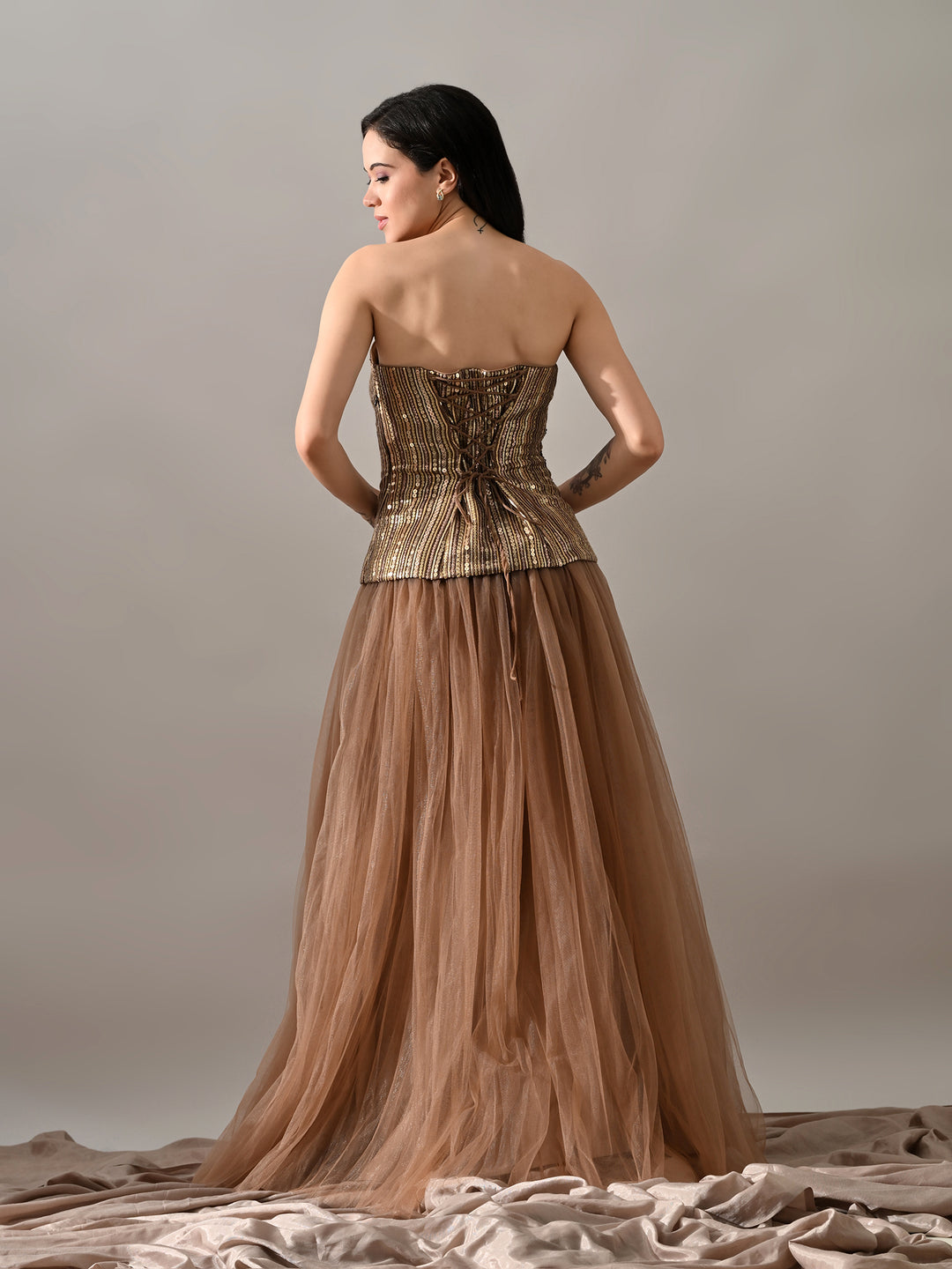 Breeze Mesh Indo-Western Sharara Set (Brown)