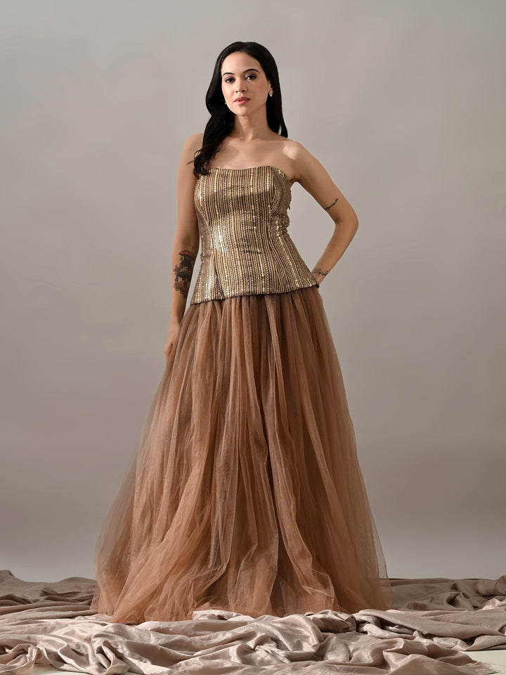 Breeze Mesh Indo-Western Sharara Set (Brown)