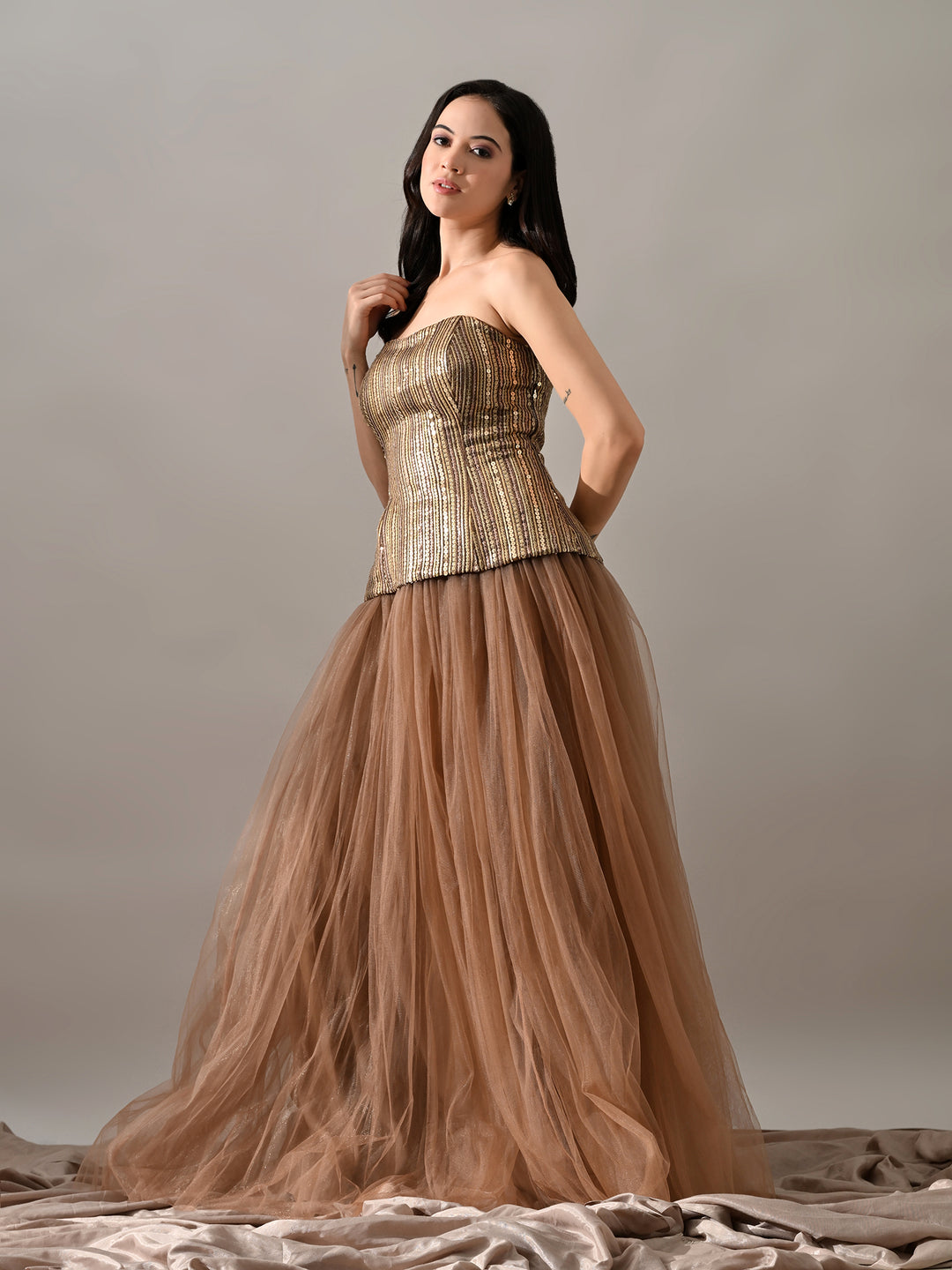 Breeze Mesh Indo-Western Sharara Set (Brown)