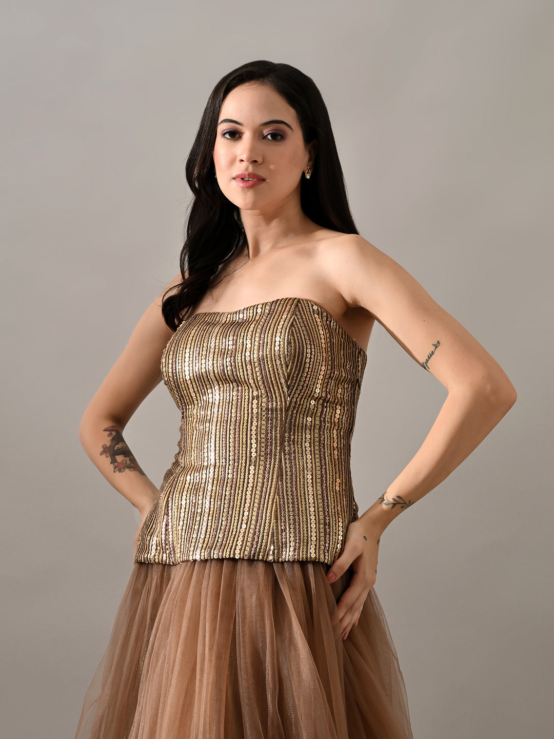 Breeze Mesh Indo-Western Sharara Set (Brown)