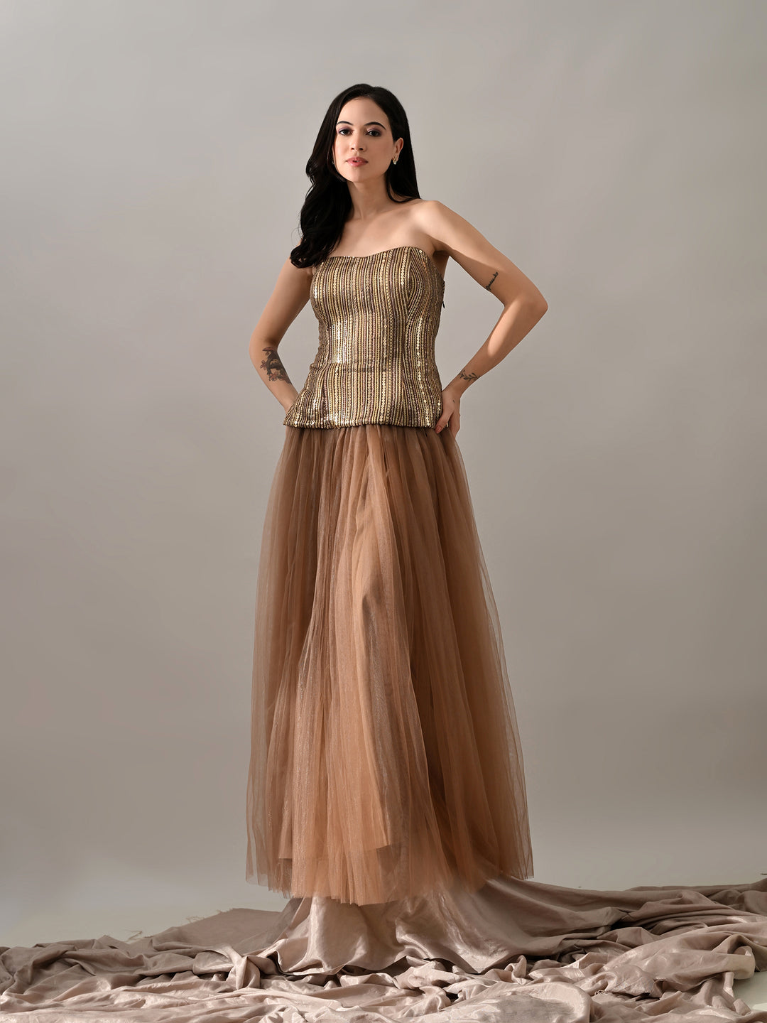 Breeze Mesh Indo-Western Sharara Set (Brown)