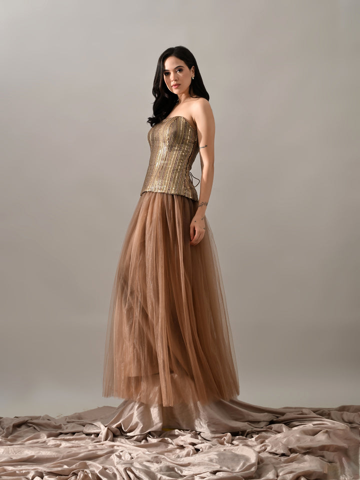 Breeze Mesh Indo-Western Sharara Set (Brown)