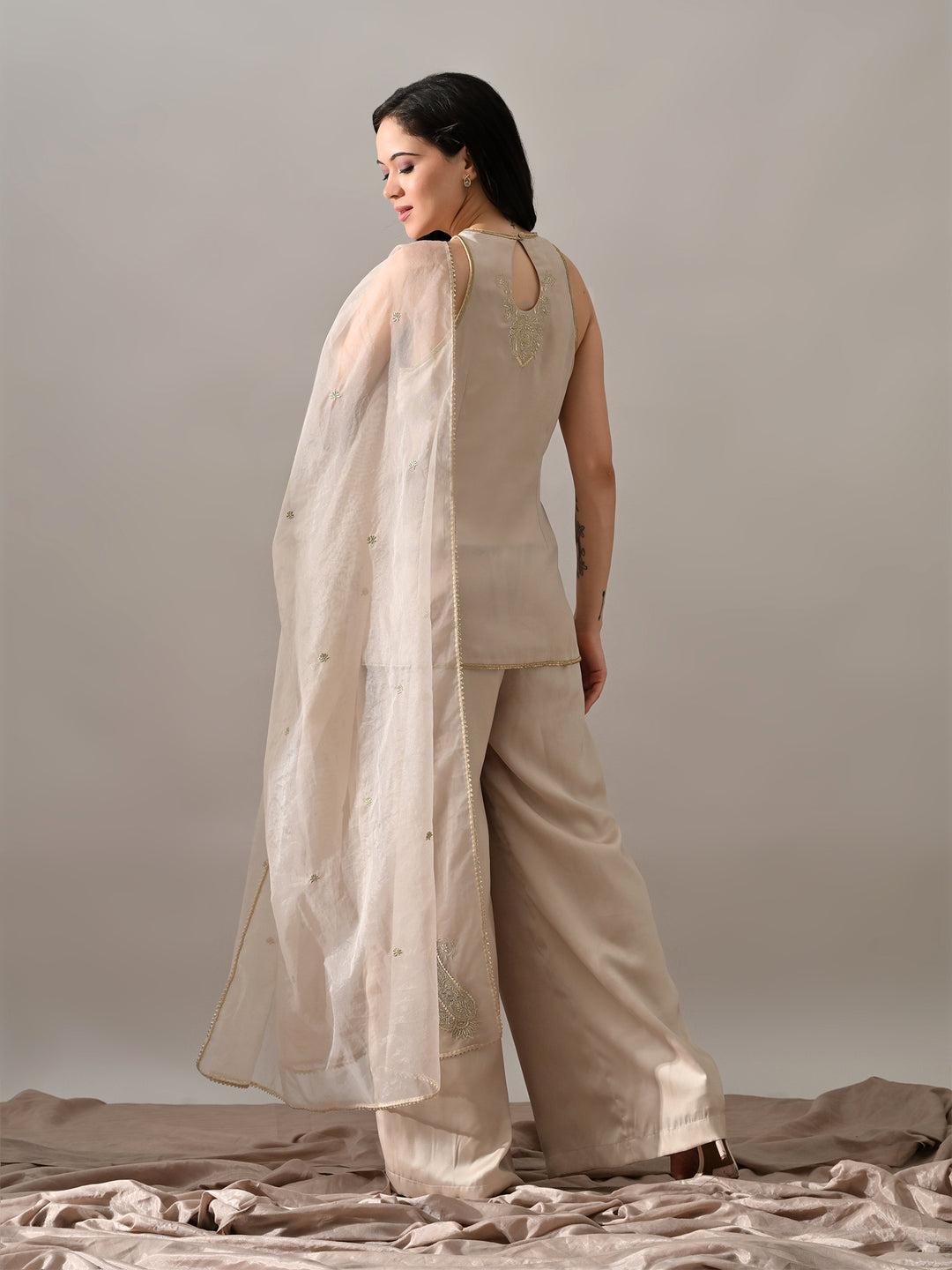Raaya Indo-Western Satin Kurta Set (Beige)