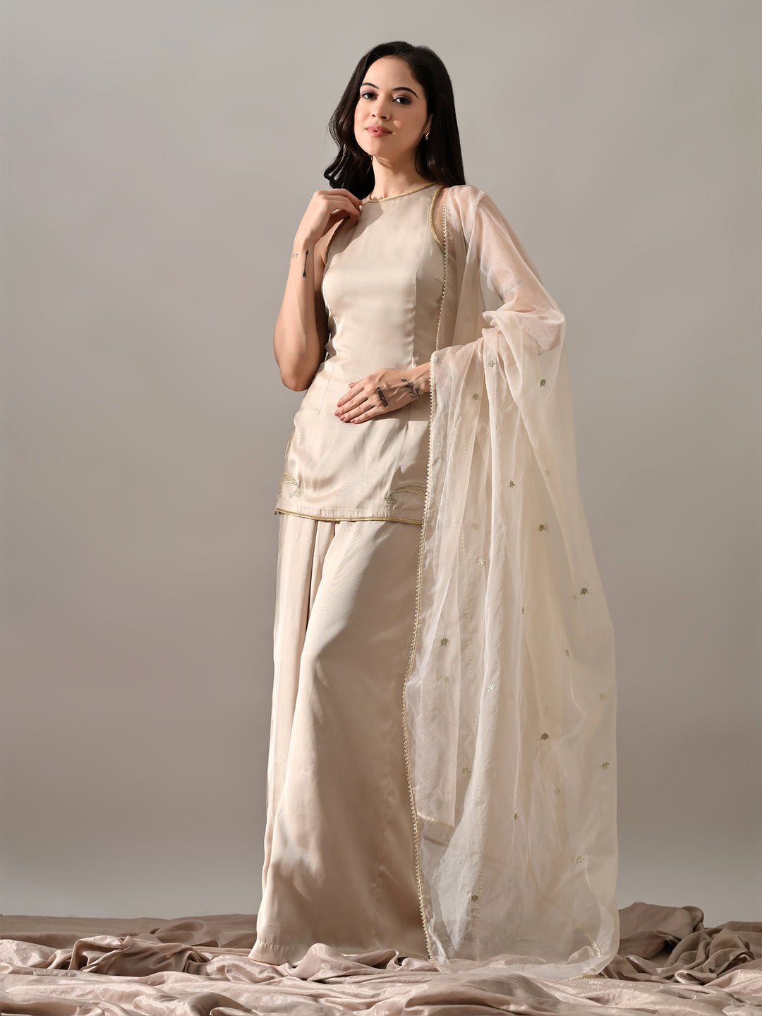 Raaya Indo-Western Satin Kurta Set (Beige)