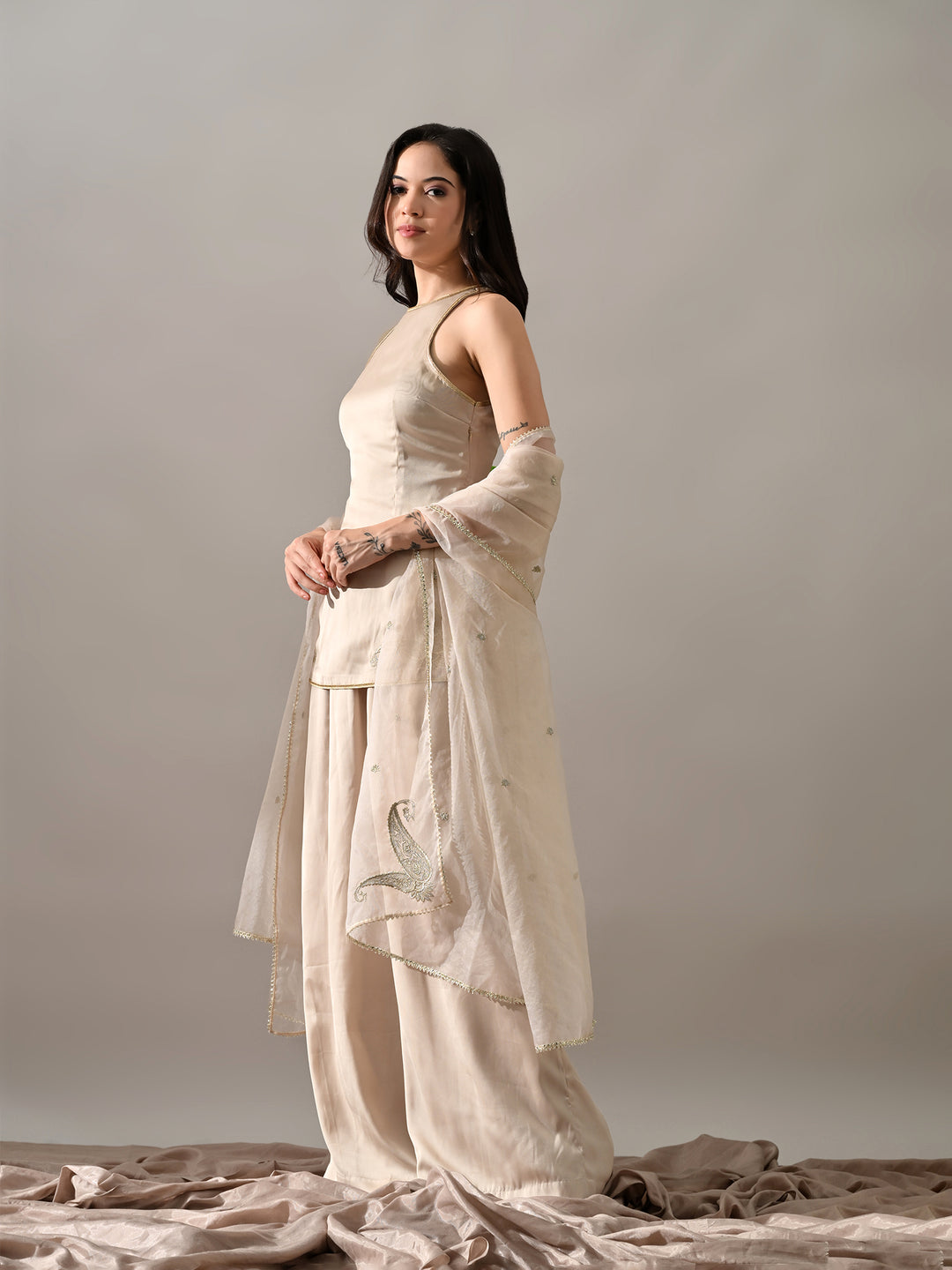 Raaya Indo-Western Satin Kurta Set (Beige)
