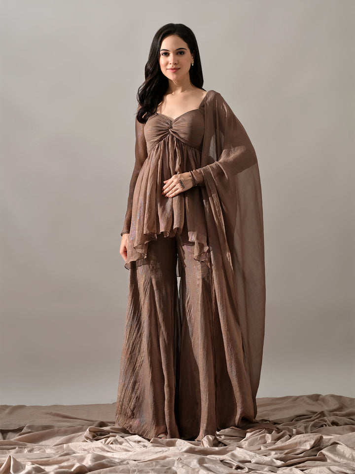 Zoya Chiffon Indo-Western Sharara Set (Brown)