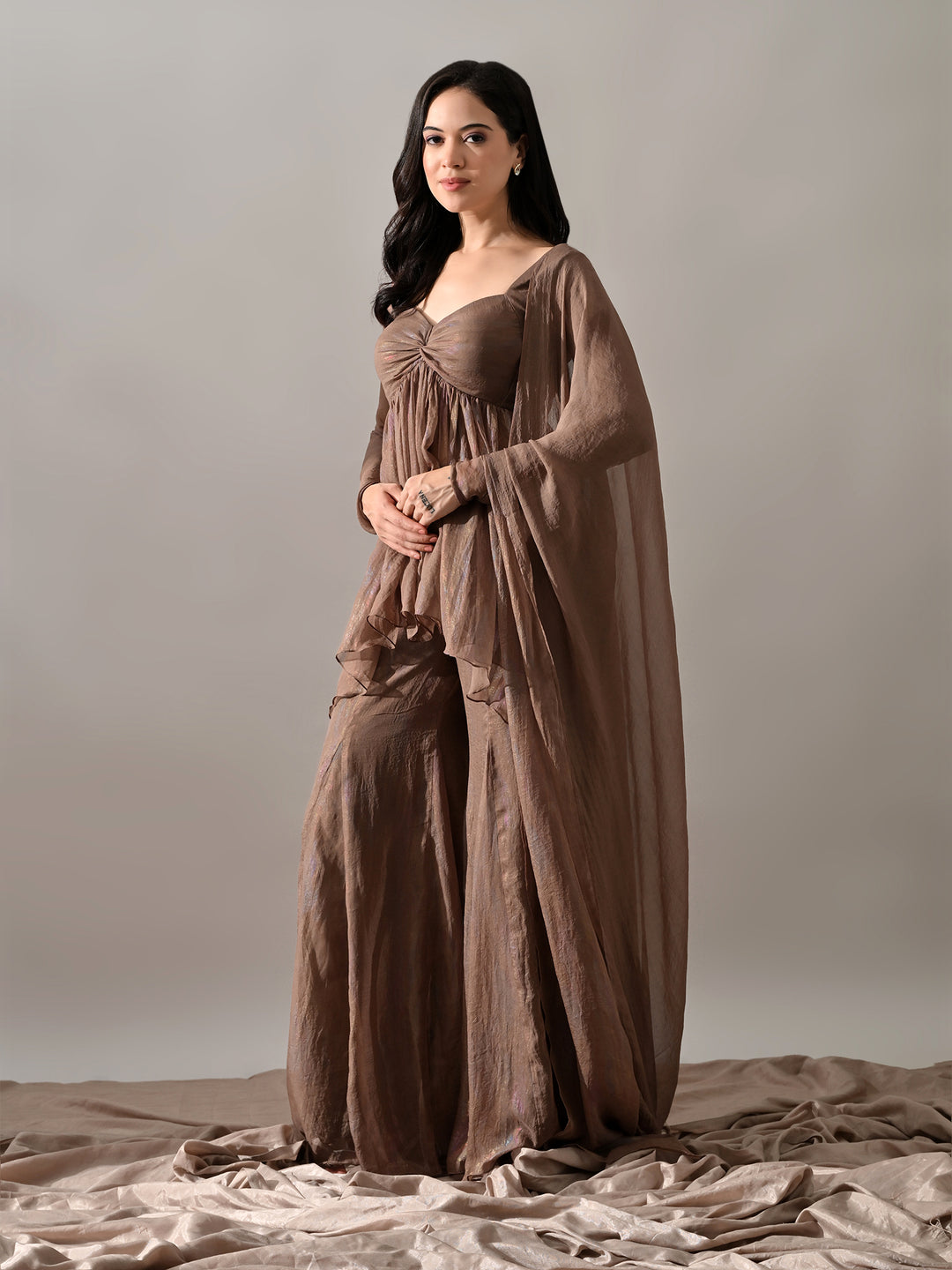 Zoya Chiffon Indo-Western Sharara Set (Brown)