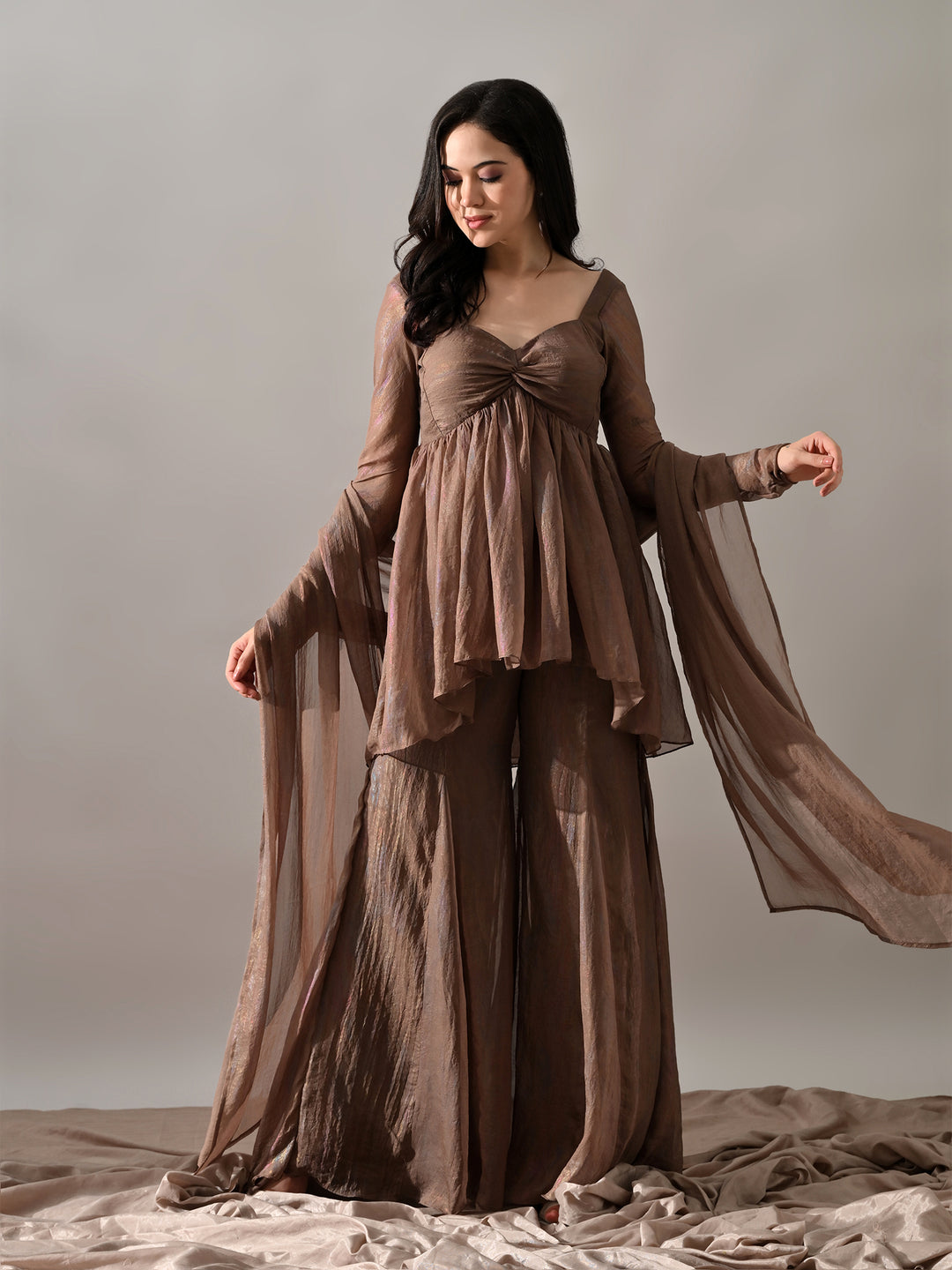 Zoya Chiffon Indo-Western Sharara Set (Brown)