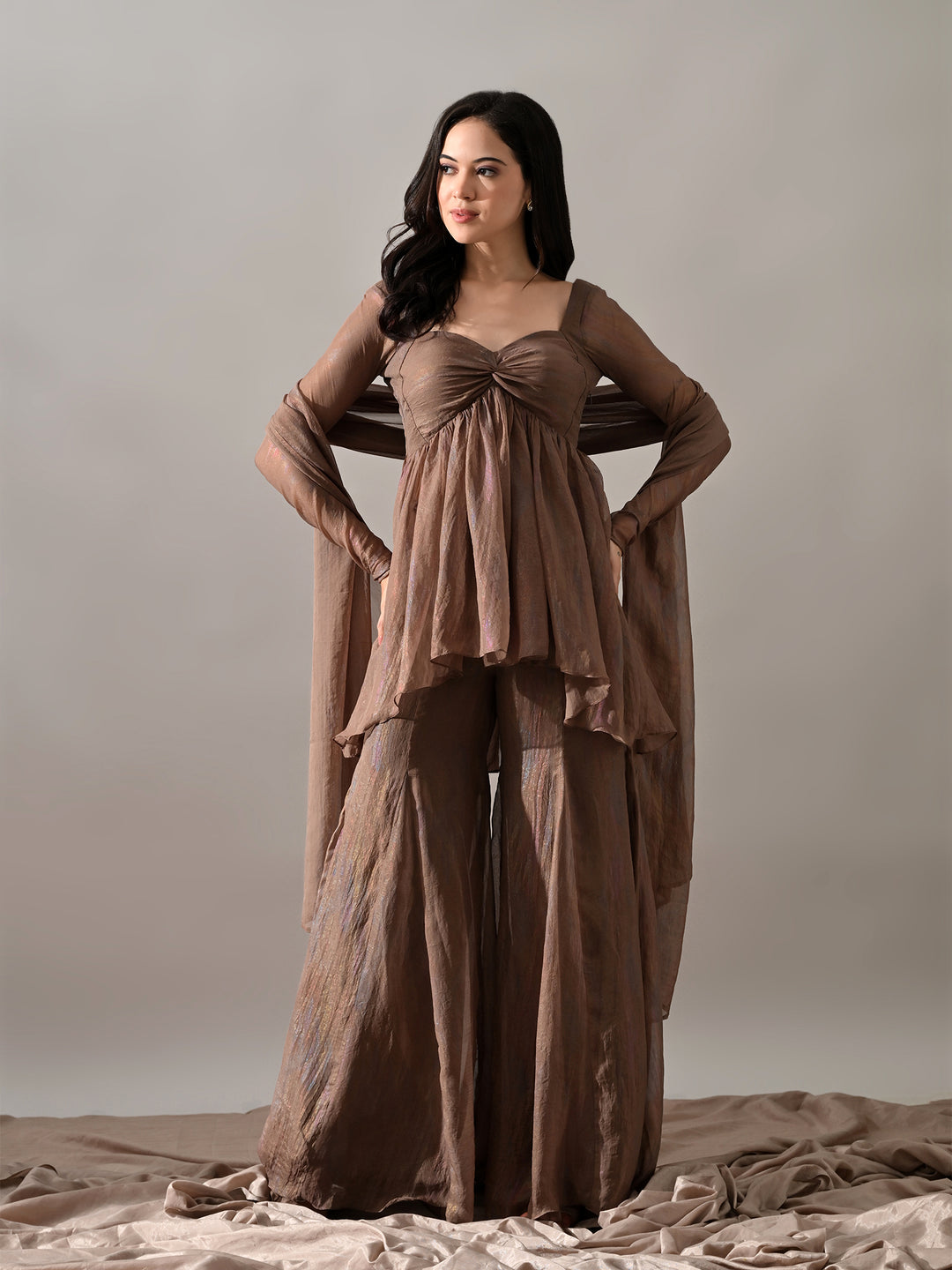 Zoya Chiffon Indo-Western Sharara Set (Brown)
