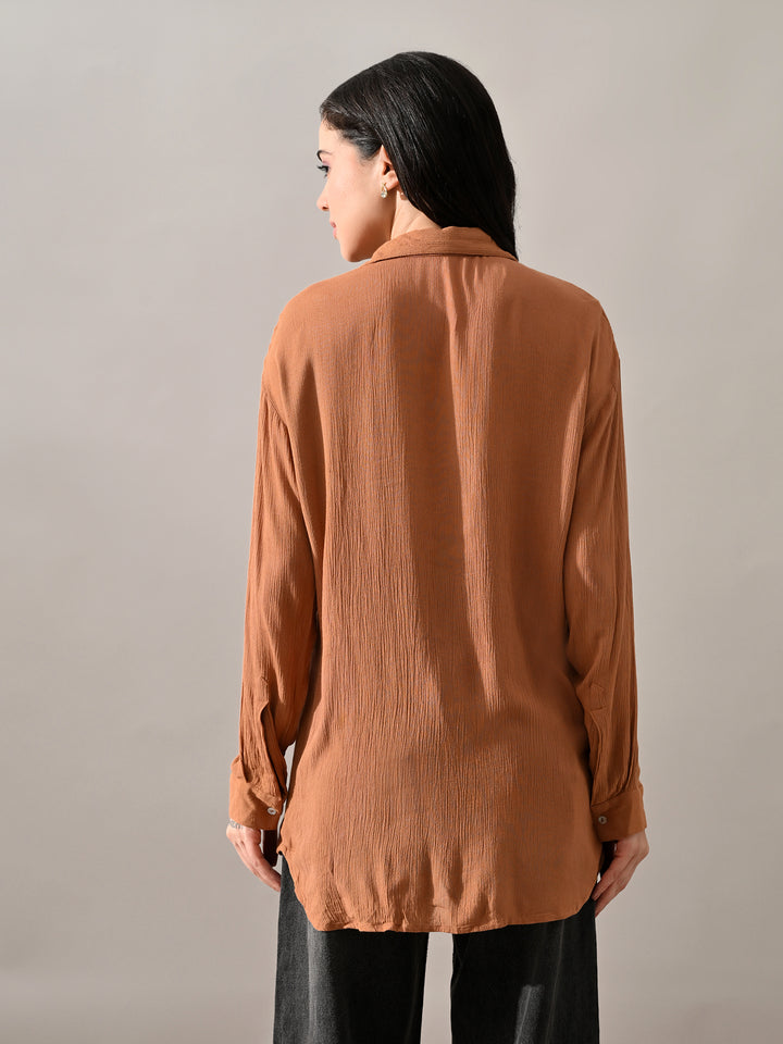 Caramel Crinkle Cotton Western Shirt (Brown)