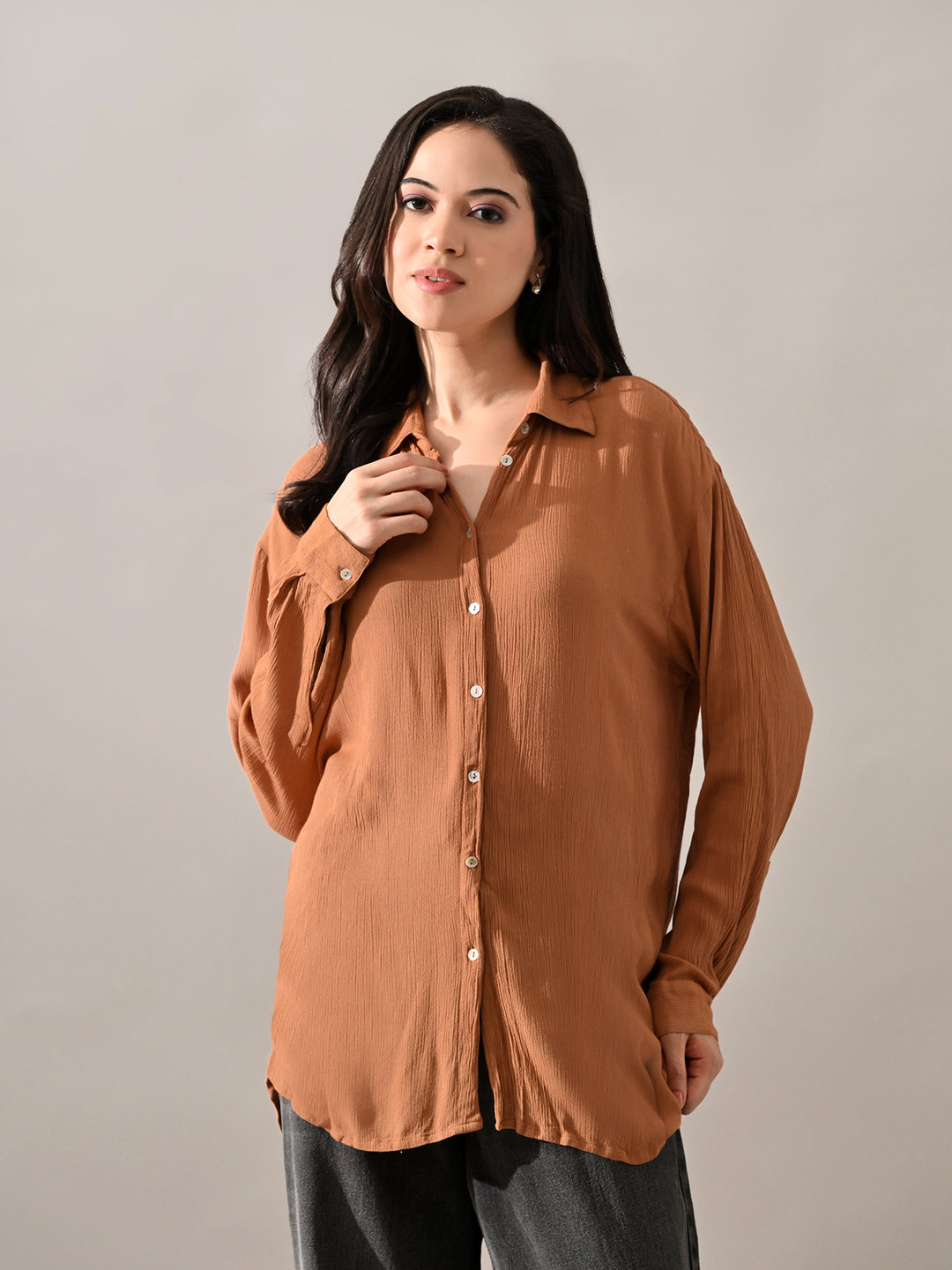 Caramel Crinkle Cotton Western Shirt (Brown)