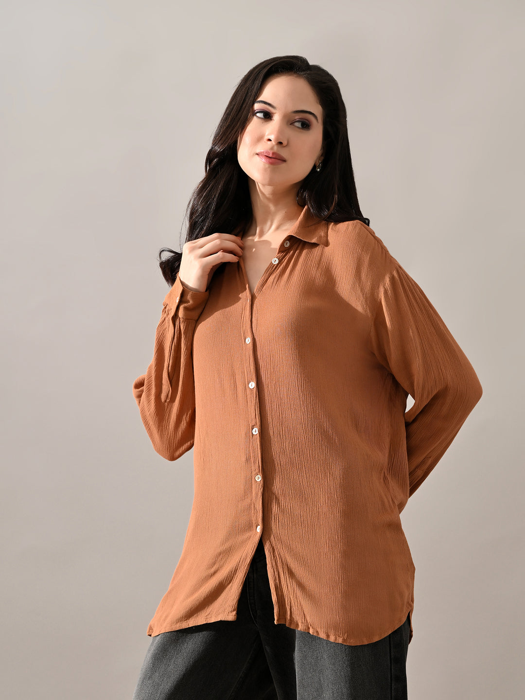 Caramel Crinkle Cotton Western Shirt (Brown)