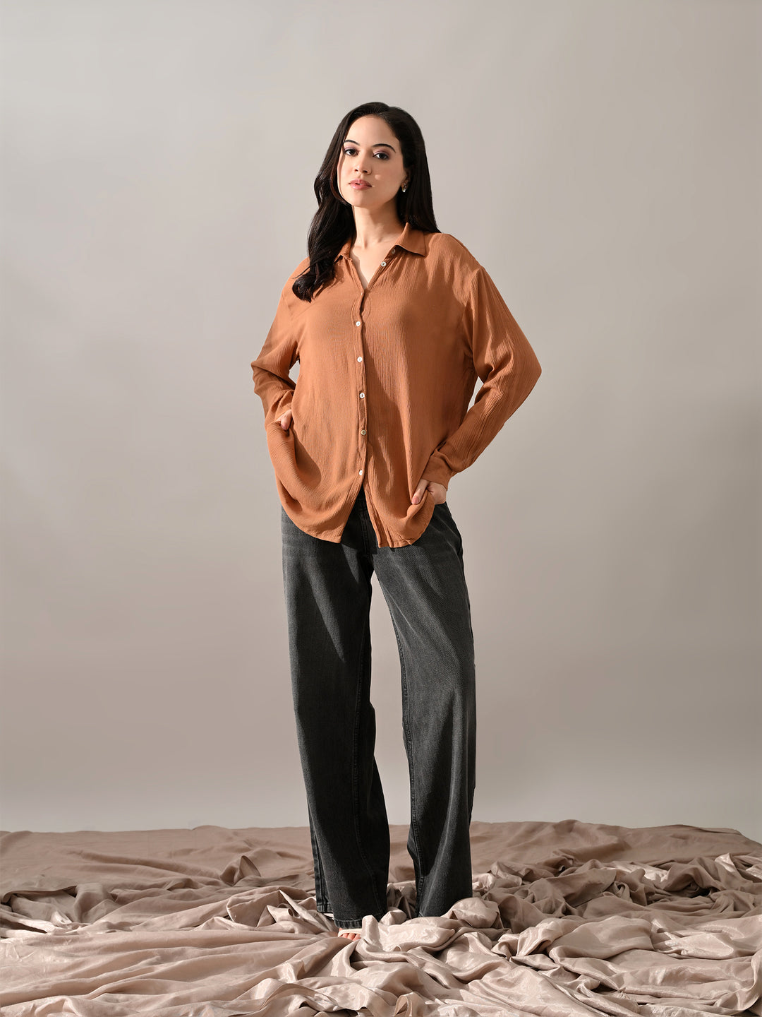 Caramel Crinkle Cotton Western Shirt (Brown)