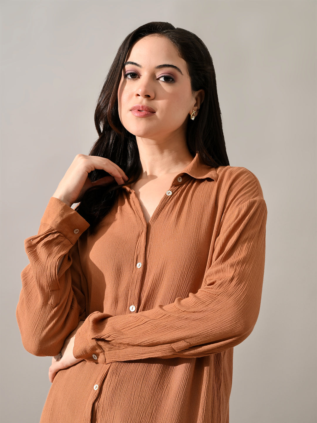 Caramel Crinkle Cotton Western Shirt (Brown)
