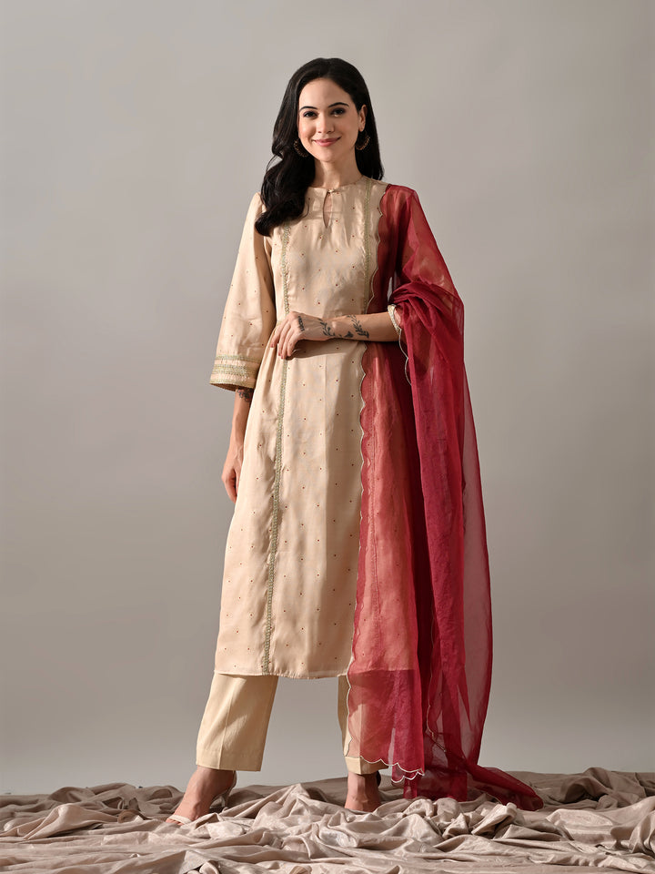 Aarvi Ethnic Chanderi Kurta Set (Beige)