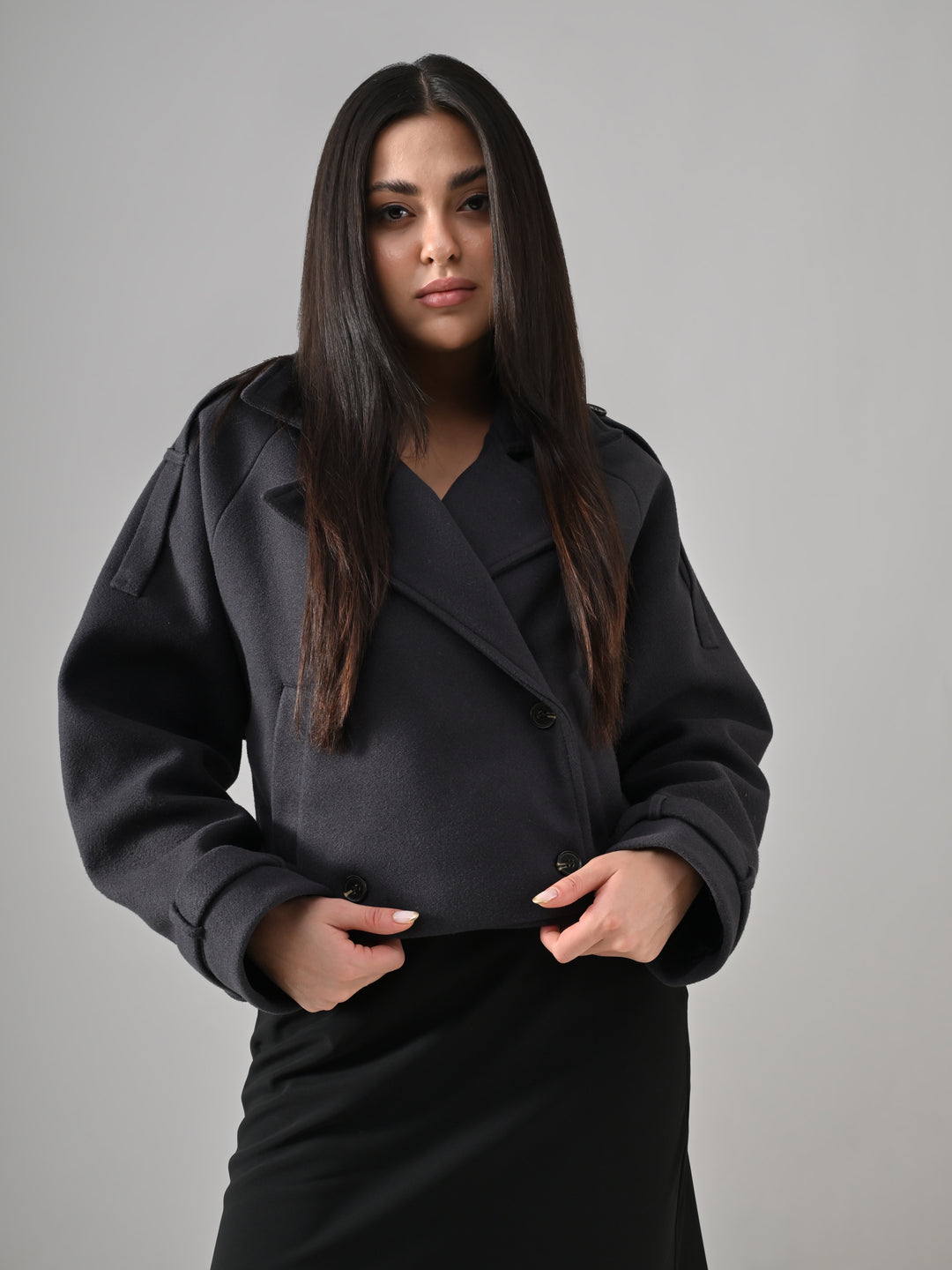 Vera – Charcoal Grey Double-Breasted Crop Blazer