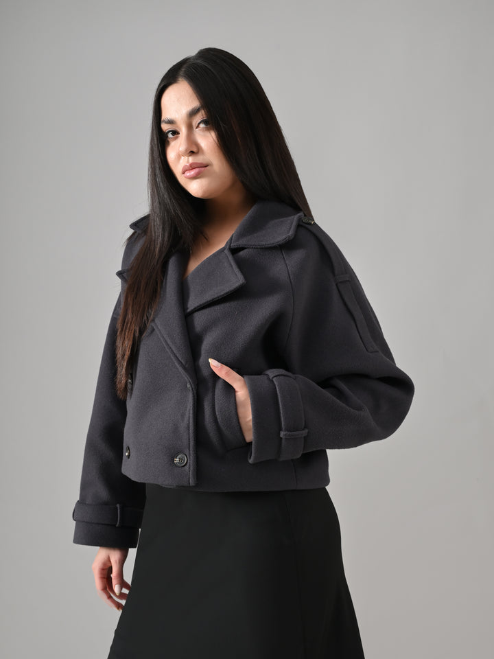 Vera – Charcoal Grey Double-Breasted Crop Blazer