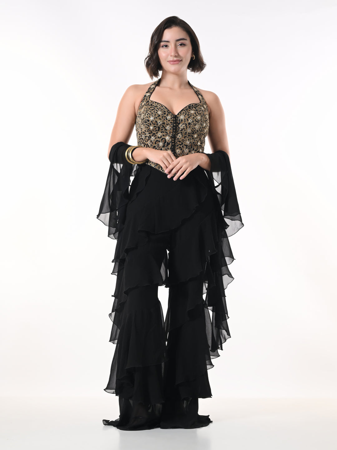 ZEYA, Indo Western Top & Bottom Set (Leopard Print & Black)