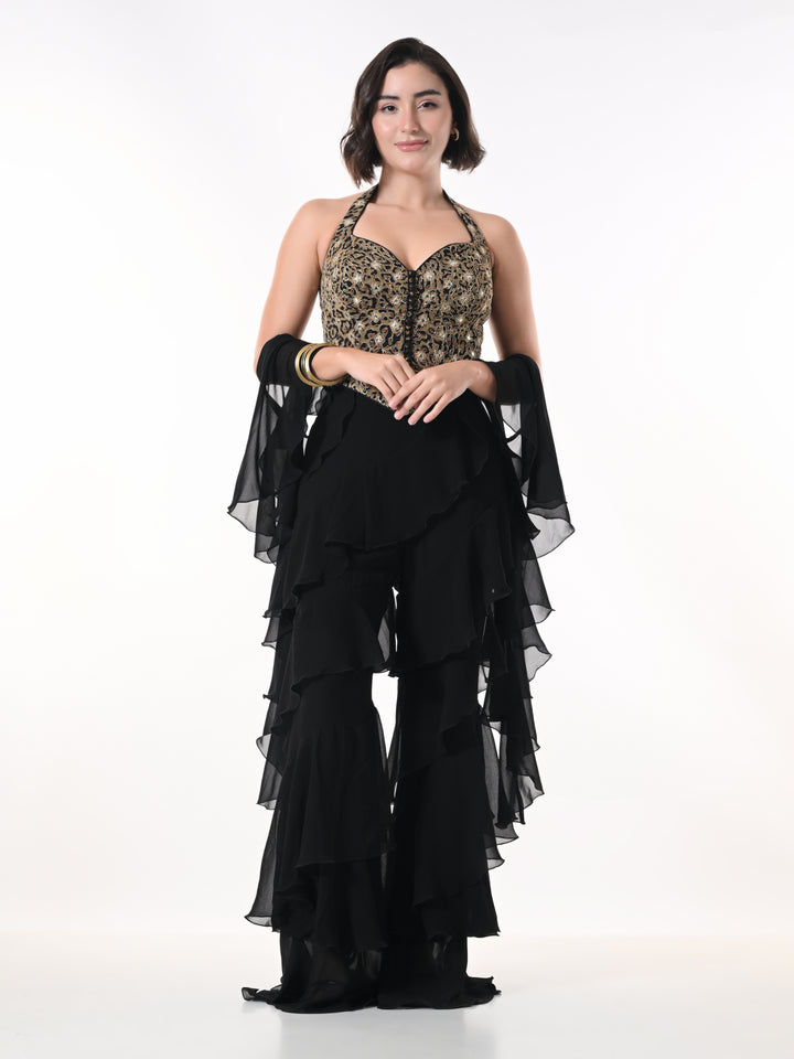 ZEYA, Indo Western Top & Bottom Set (Leopard Print & Black)