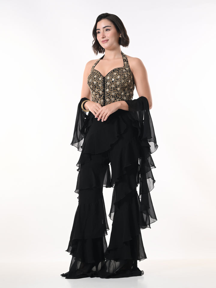 ZEYA, Indo Western Top & Bottom Set (Leopard Print & Black)